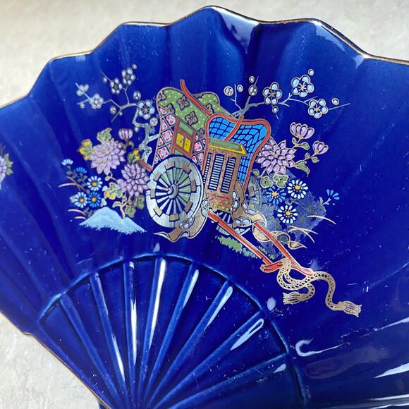Vintage Cobalt Blue Japanese Fan Porcelain Dish Gold Trim Hand Painted VTG Decor - Picture 2 of 6